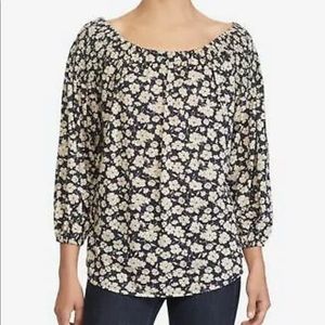NWT Ralph Lauren Cream Navy Smocked Floral Top XL